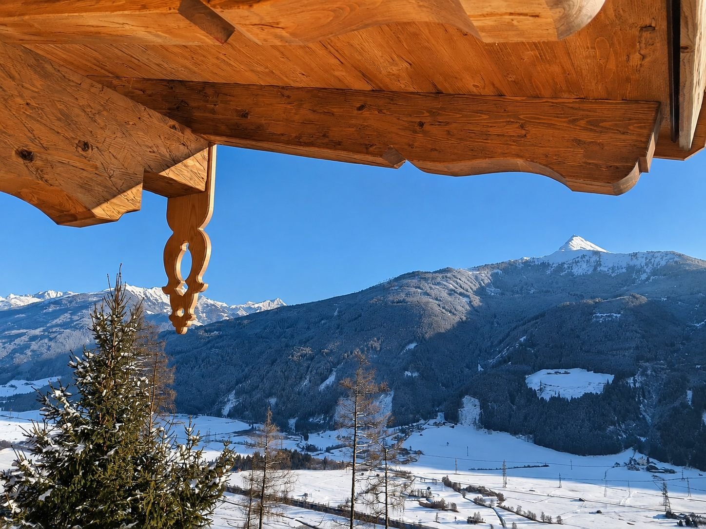Geschnitzter Dachträger vor winterlichem Bergpanorama