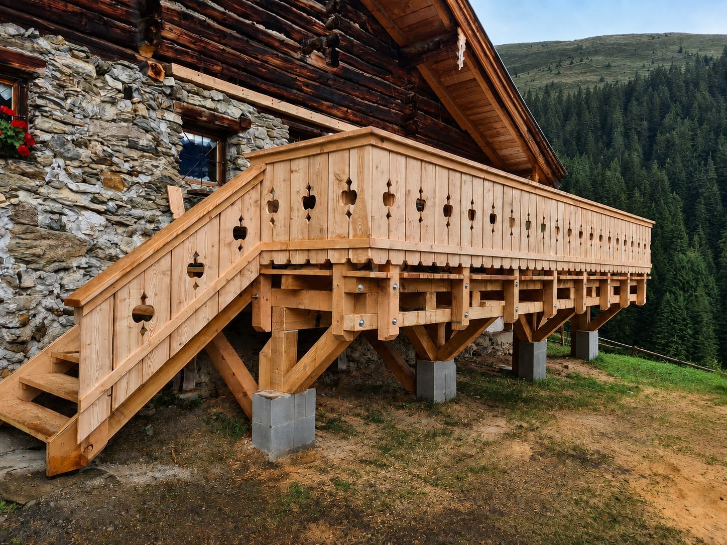 Neue Holzterrasse an einer Almhütte mit blühenden Geranien